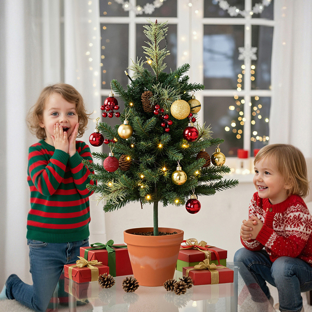 Living and Home Pre-Lit Artificial Christmas Tree with Berries and Pinecones 2.1ft 2 Pack Image 7