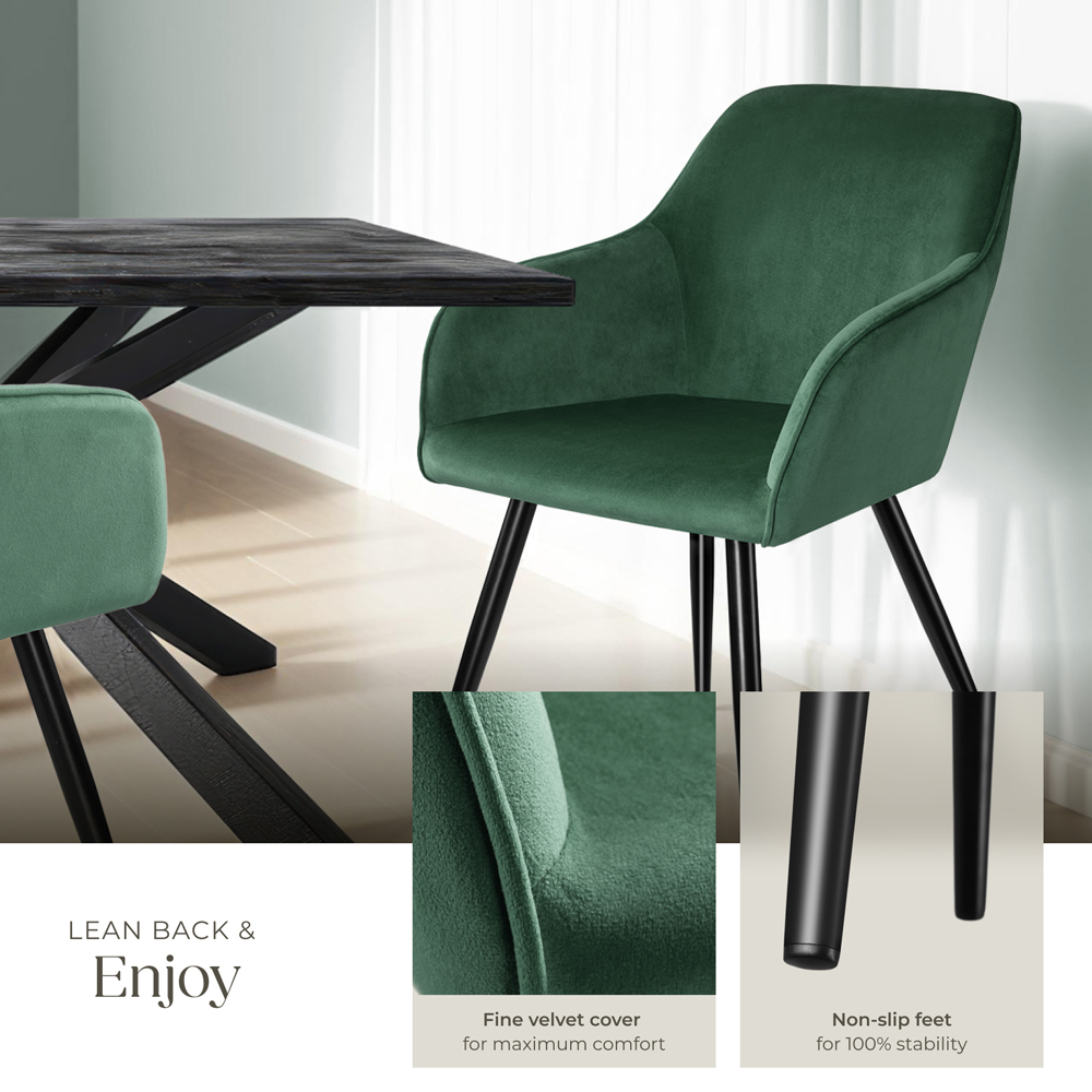 tectake Marilyn Set of 6 Dark Green and Black Velvet Look Padded Dining Chairs Image 4