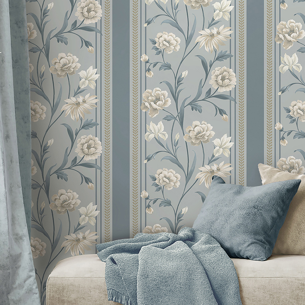 Belgravia Decor Raya Floral Stripe Blue and Cream Wallpaper Image 3