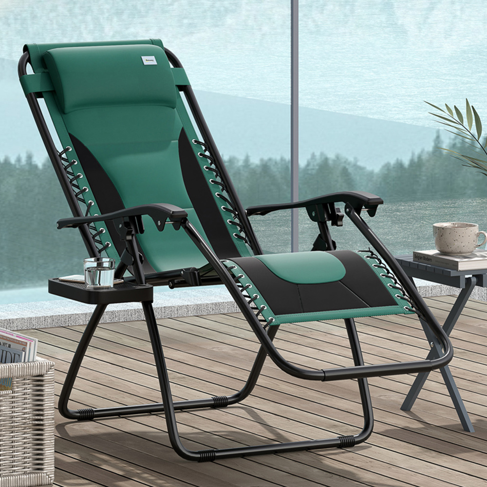 Outsunny Green Zero Gravity Folding Recliner Chair with Cup Holder Image 1
