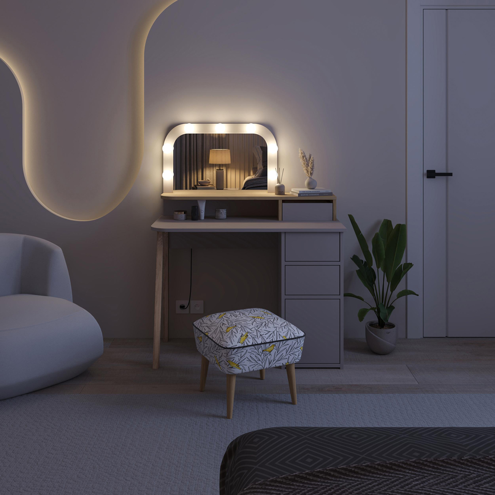 Decortie Avien 3 Drawer Single Door Mocha Grey and Oak Makeup Vanity Table with LED Mirror Image 6