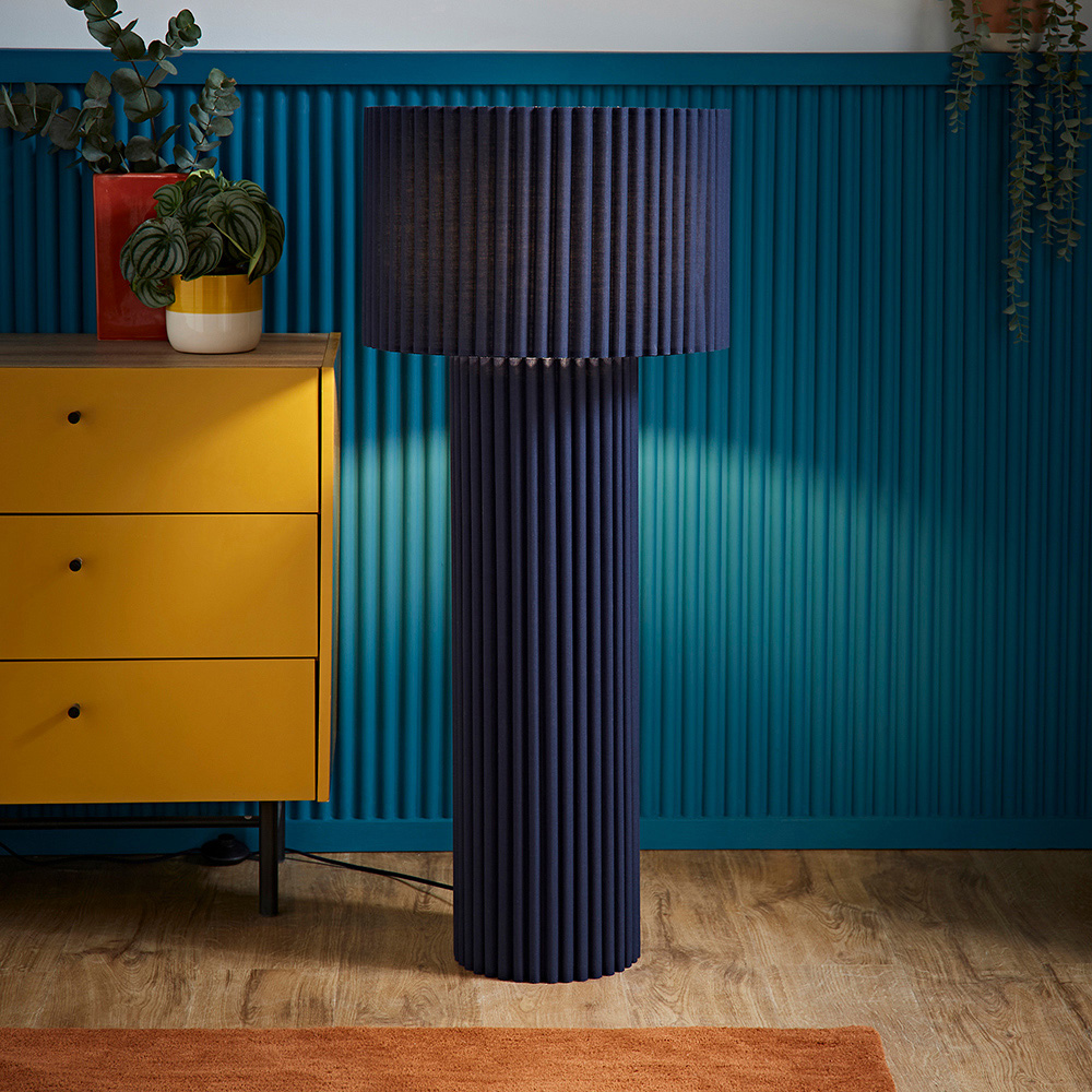 ValueLights Lenny Navy Blue Drum Lamp Shade Ribbed Fabric Midi LED Floor Lamp Image 6