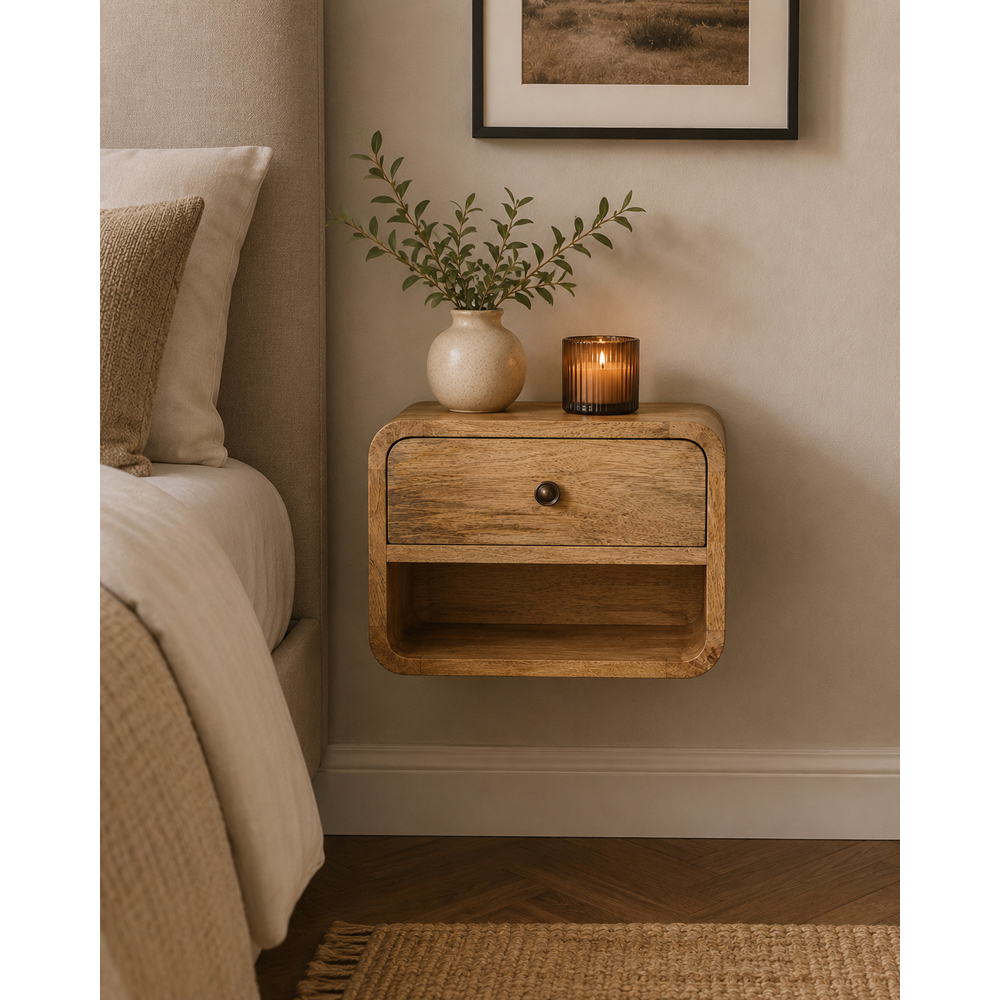 Artisan Furniture Mini Oak Single Drawer Single Shelf Mango Wood Floating Open Bedside Table Image 7