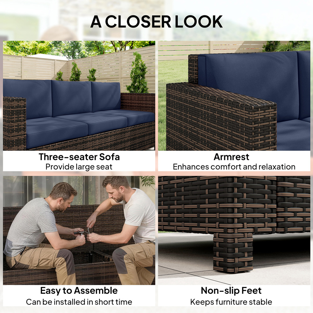 Outsunny 3 Seater Dark Blue PE Rattan Garden Sofa Image 5