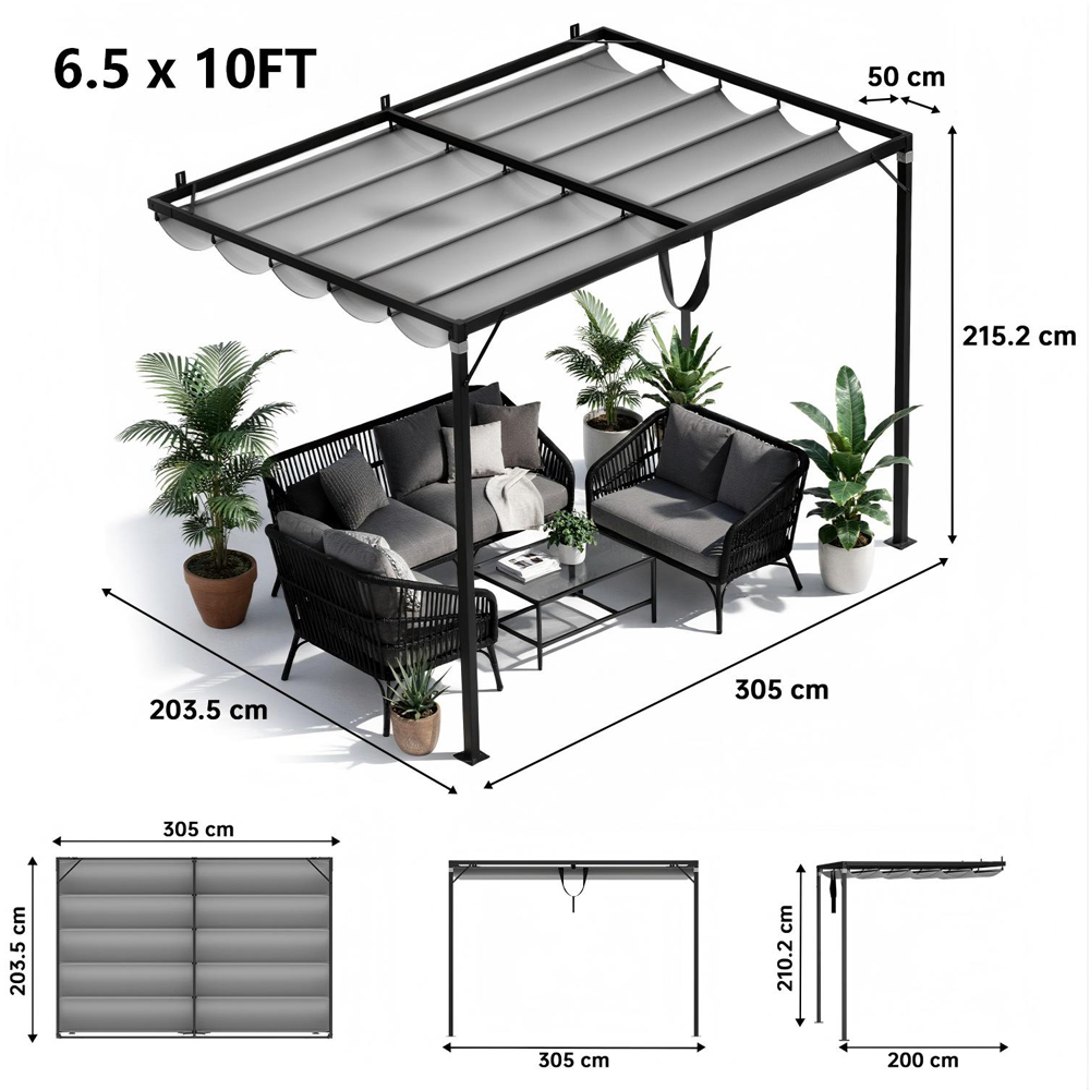 Rattrix 2 x 3m Grey Lean-to-Wall Metal Pergola with Retractable Canopy Image 9