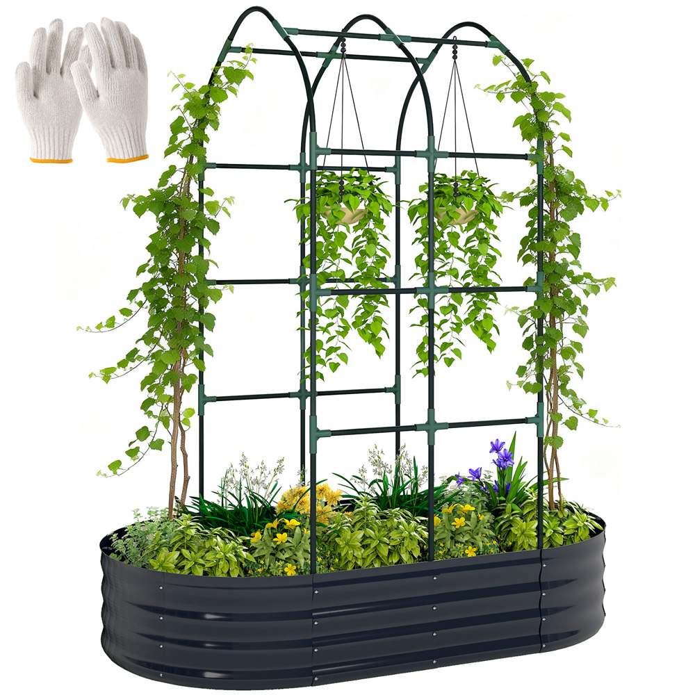 Outsunny Dark Grey Galvanised Raised Garden Bed with Trellis 180 x 90 x 160cm Image 3