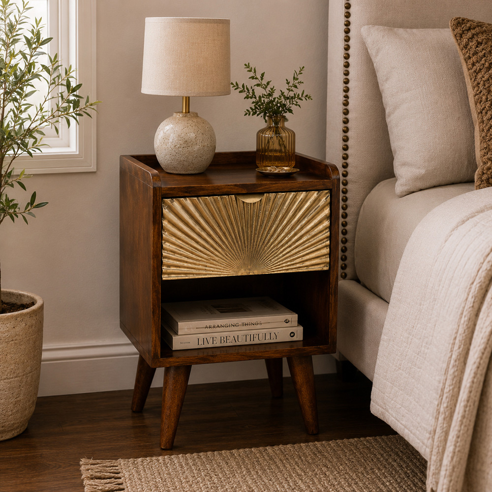 Artisan Furniture Mini Manila Brown and Golden Single Drawer Single Shelf Solid Wood Bedside Table Image 7