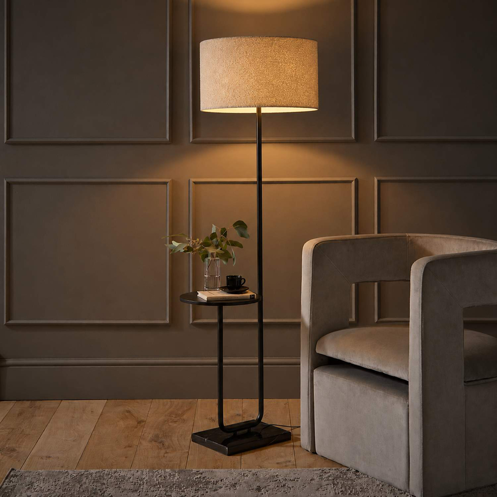 ValueLights Tavel Cream Boucle Fabric Shade Black Shelf Floor Lamp with Bulb Image 2