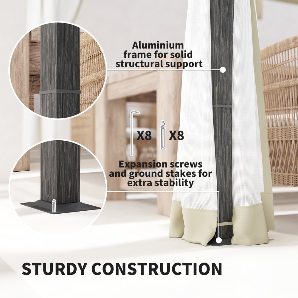 Outsunny 3 x 3m Khaki Pergola with Retractable Roof and Netting Image 6