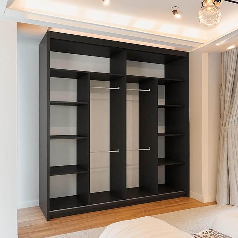 Sliding Wardrobes 4U 2 Sliding Door Black Modern Wide Oak Striped Mirrored Wardrobe 203cm Image 4