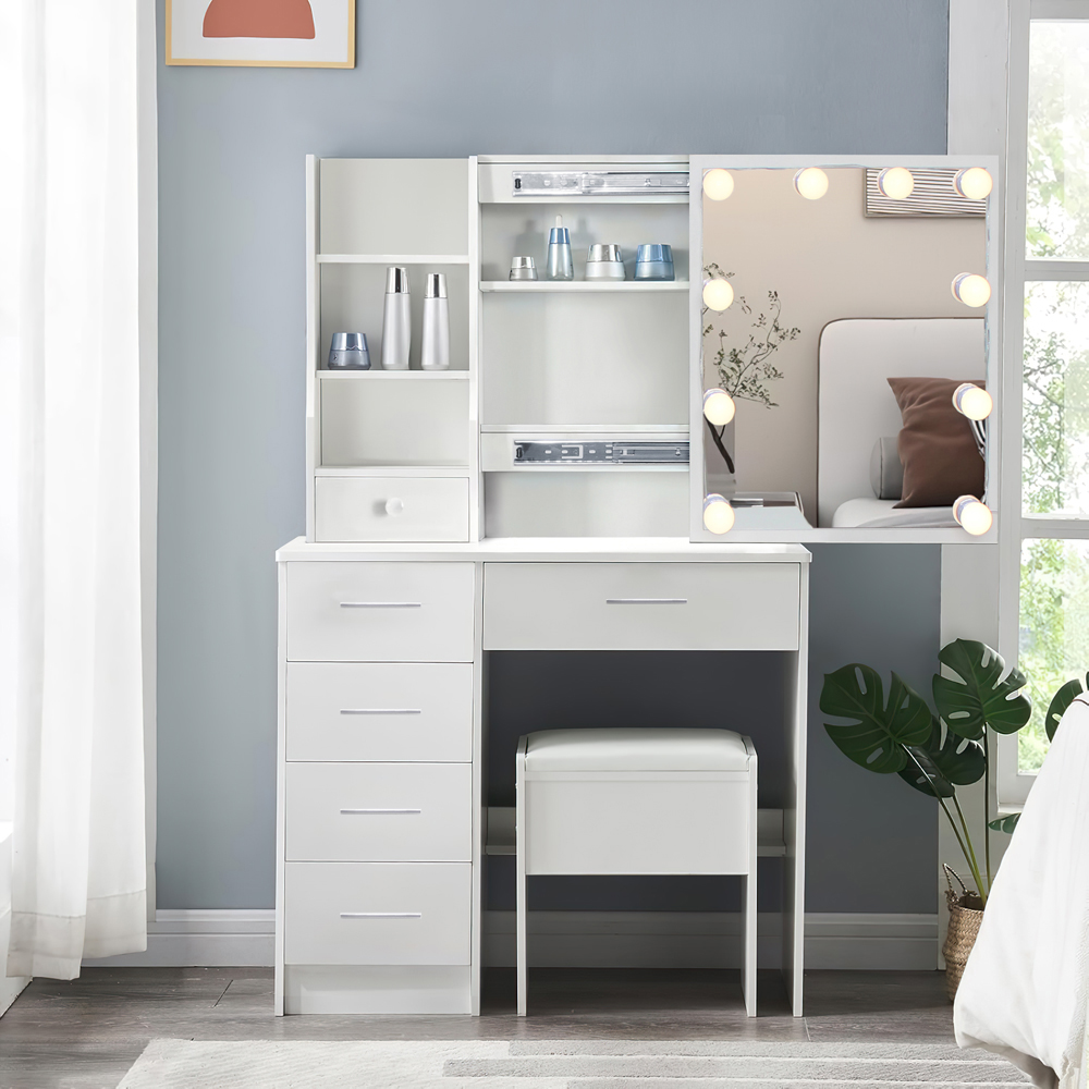 Comfy Living 5 Drawer White Dressing Table Set with Sliding LED Lit Mirror Image 6