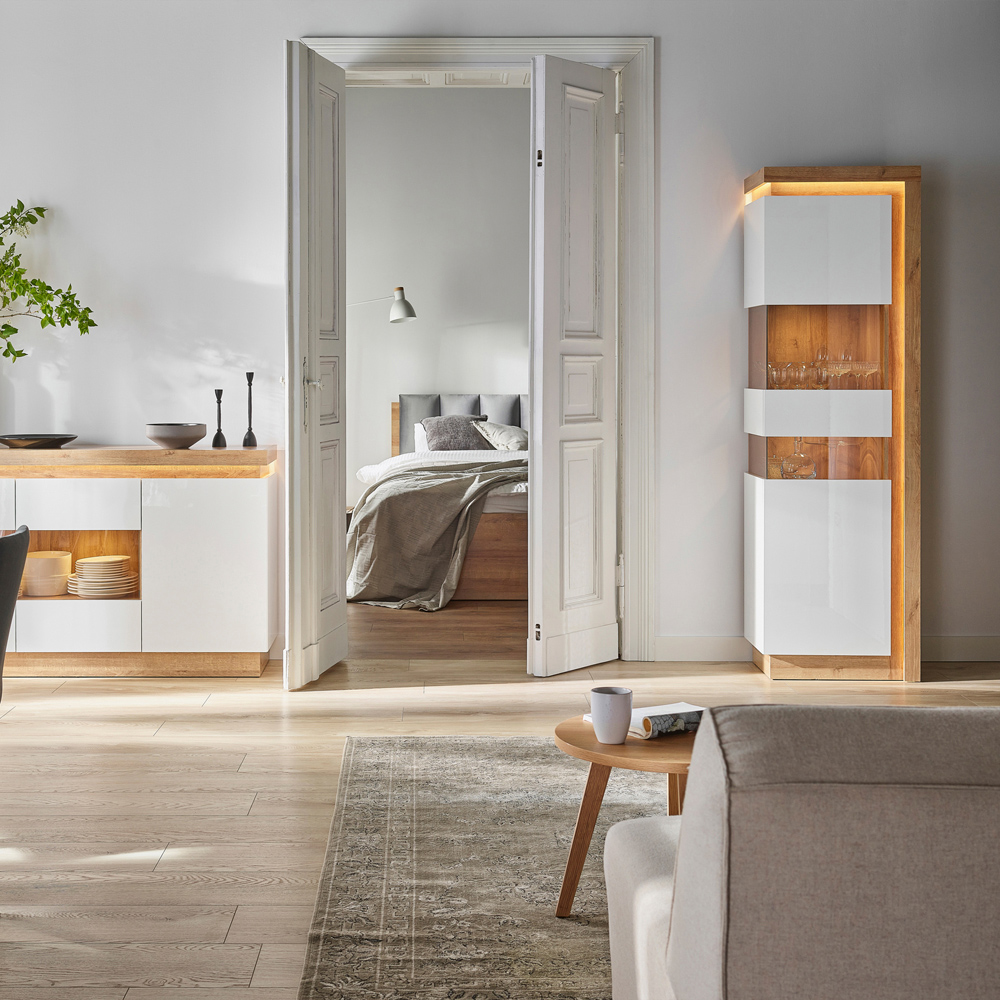 Furniture To Go Lyon White and Riviera Oak Left Hand Tall Narrow Display Cabinet Image 5