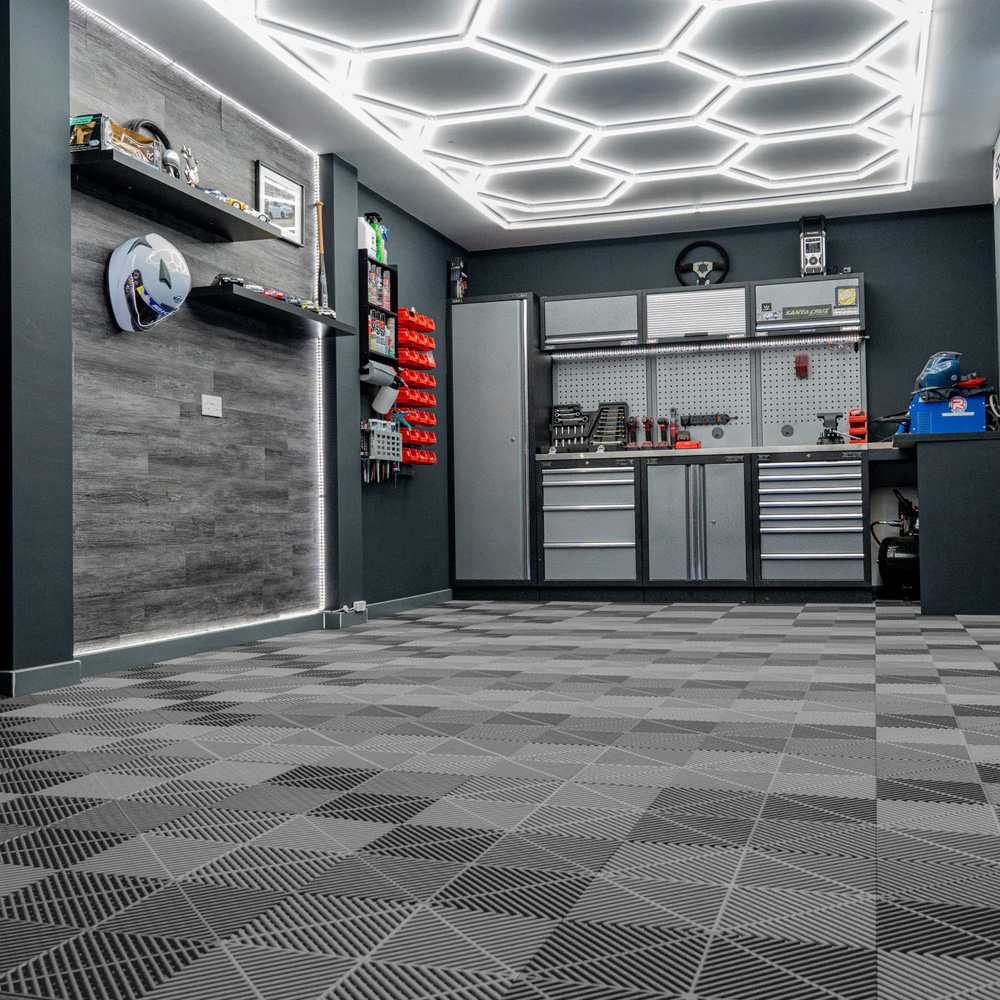 MonsterShop 225 Grey Vented Garage Floor Tiles with Edges and 2 x 14 Hexagon LED Light Image 2