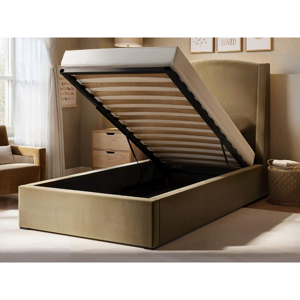 Solace+Co Blaine Single Sand Velvet Winged Headboard Ottoman Bed Image 4