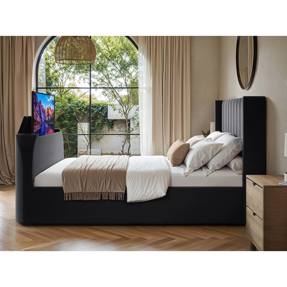 Flair Fallon King Size Grey Velvet TV Side Lift Ottoman Bed Image 6