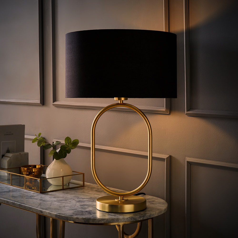 ValueLights Antonia Black Fabric Drum Lamp Shade Brushed Gold Oval LED Table Lamp Image 6