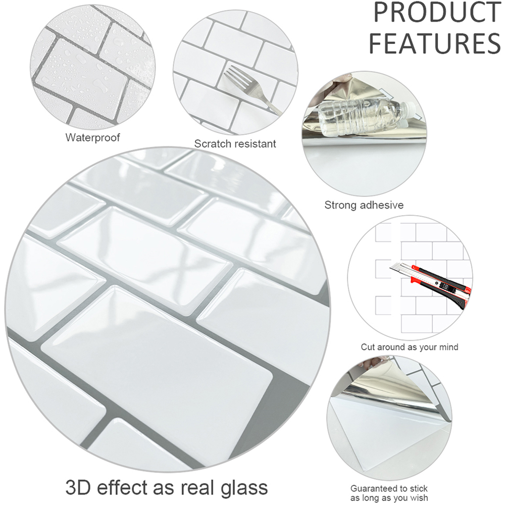 Living and Home 3D Glass Effect White Backsplash Tile Backsplash Tiles 30.5 x 30.5cm Image 3
