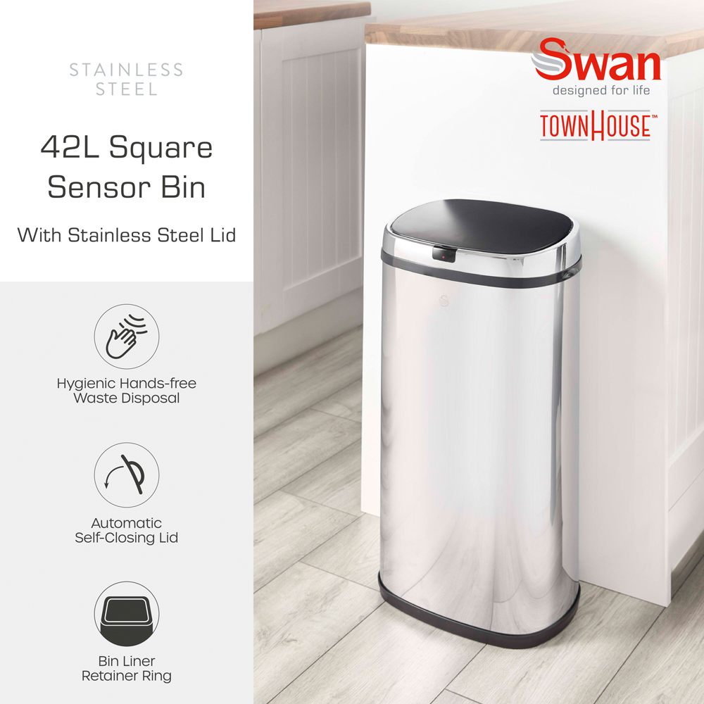 Swan Stainless Steel Square Sensor Bin 42L Image 3