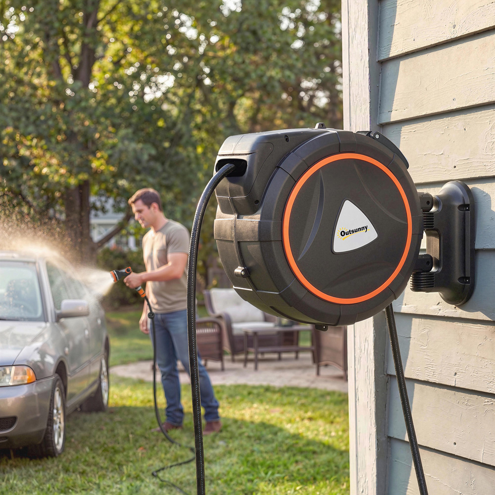 Outsunny 23m Black and Orange Wall-Mounted Retractable Hose Reel with Auto Retraction Image 4