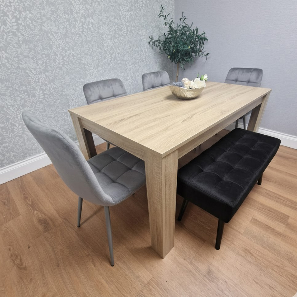 Portland 5 Seater Velvet Wooden Dining Set with Bench Oak Effect Grey and Black Image 4