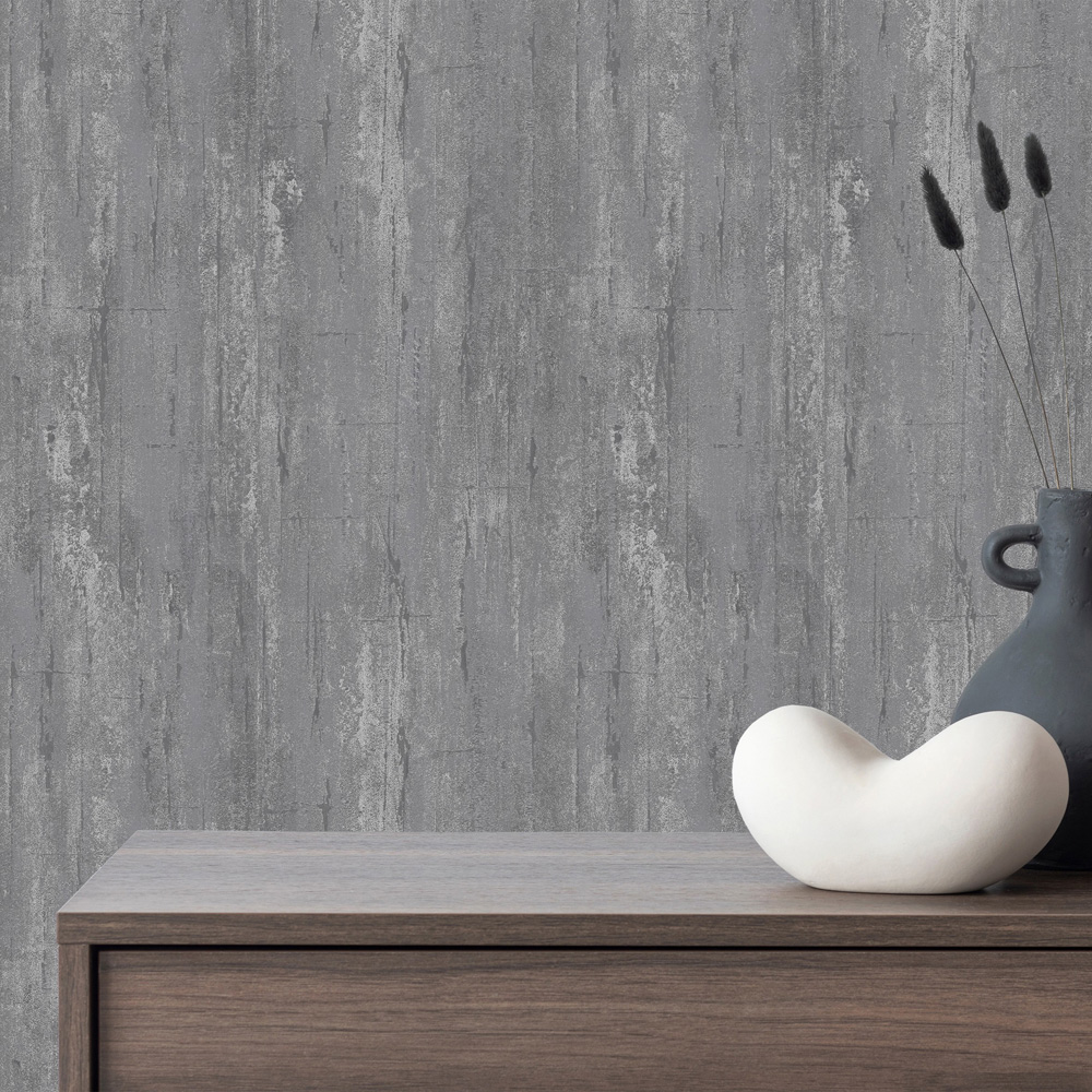 Grandeco Cave Distressed Plaster Blown Vinyl Textured Charcoal Grey Wallpaper Image 2
