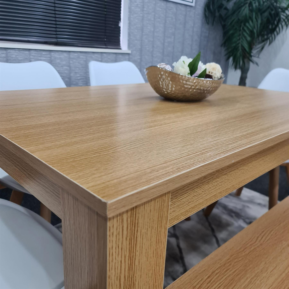 Portland 6 Seater Square Leather Dining Table Set Oak Effect and White Image 2