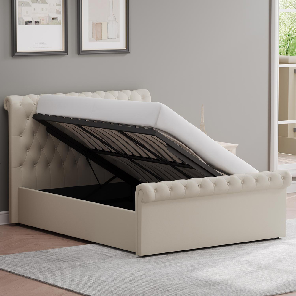 FWStyle Abbey King Size Cream Almond Side Lift Ottoman Bed Frame with Scroll Buttoned Headboard Image 2