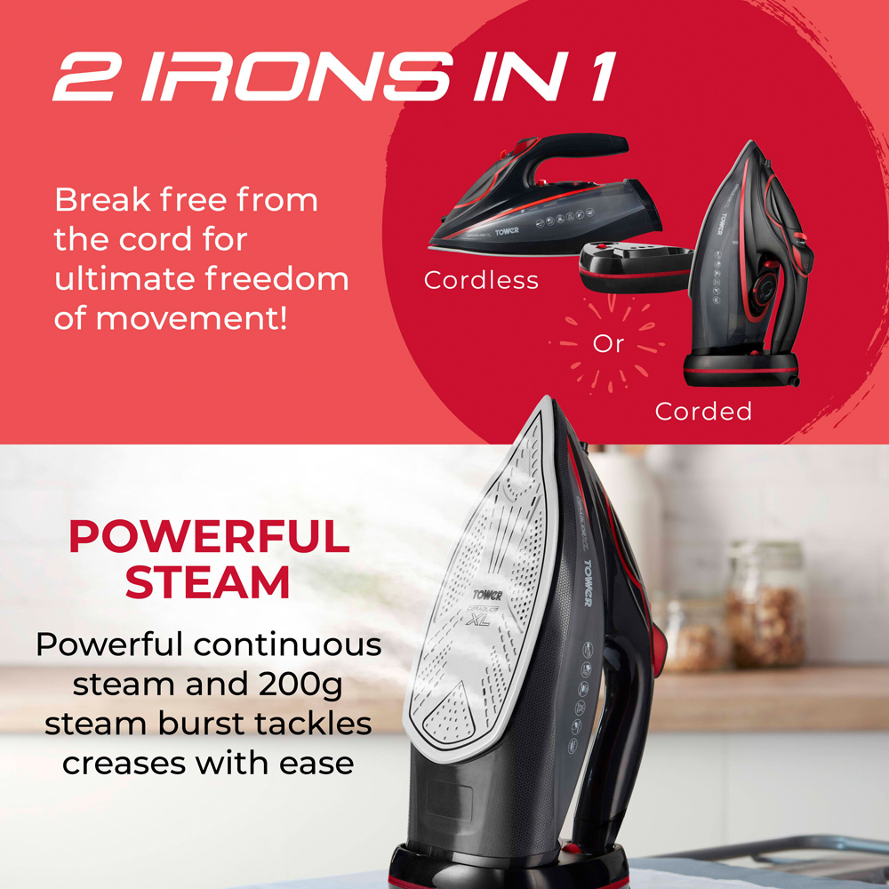Tower Red and Black Cordless Steam Iron with Extra Large Sole Plate Image 5