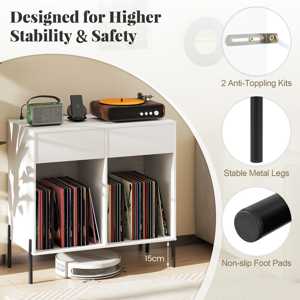 Costway 2 Drawer White Record Player Stand with Power Outlet Image 8