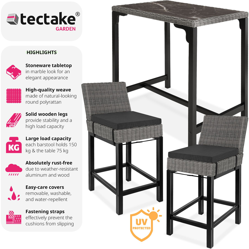 tectake 2 Seater Grey Poly Rattan Bistro Bar Table Set Image 3