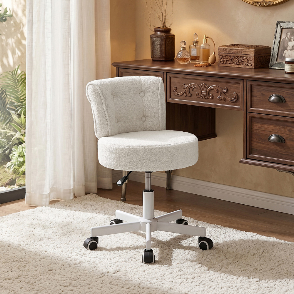 Living and Home White Teddy Fleece Button Tufted Vanity Chair with Castors Image 8