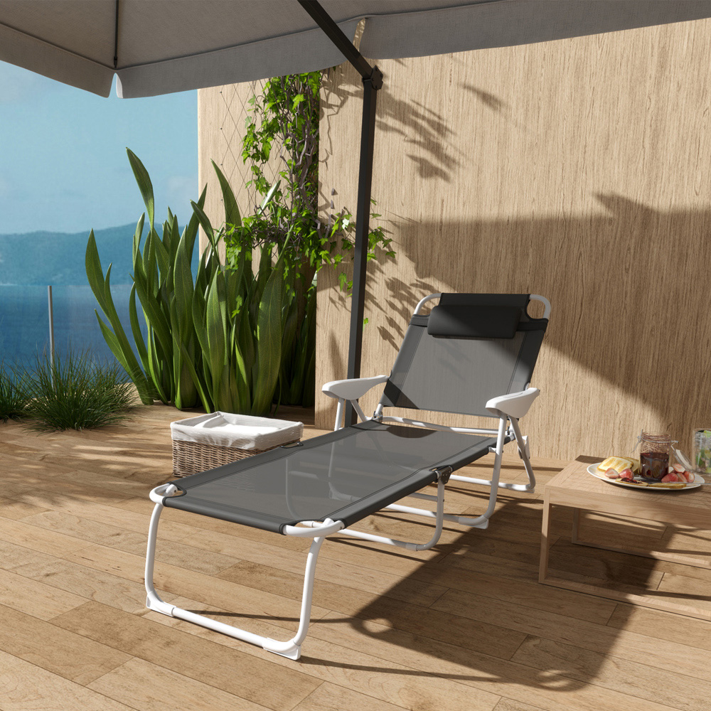 Outsunny Charcoal Grey 4 Level Adjustable Folding Sun Lounger with Headrest Image 4