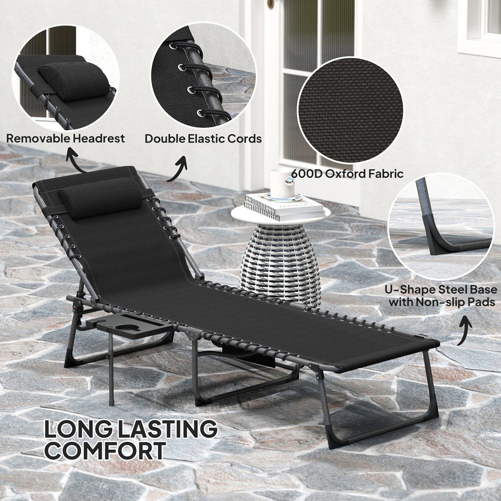 Outsunny Black 5 Level Adjustable Folding Sun Lounger with Side Table Image 8