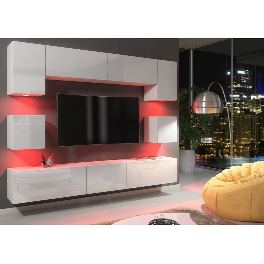 Creative Furniture Panorama White and White Gloss 9-Piece Wall TV Unit with LED Image 6