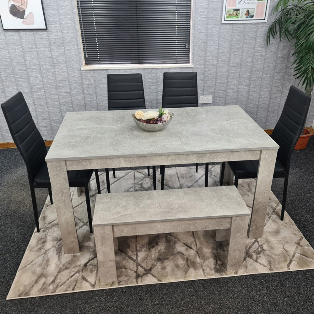 Portland Leather 4 Seater Dining Set with Bench Stone Grey and Black Image 1