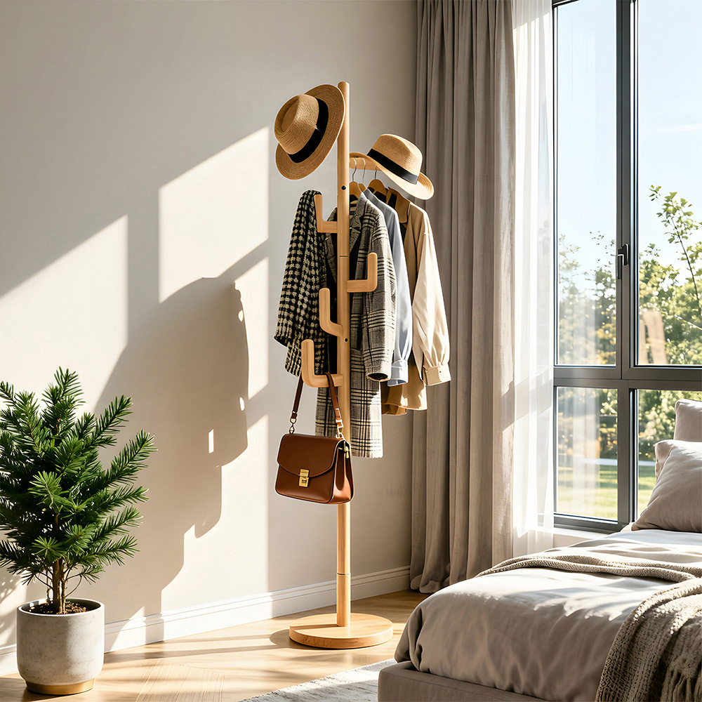Living and Home Natural Wooden Freestanding Cloth Rack with 6 Staggered Hooks Image 7