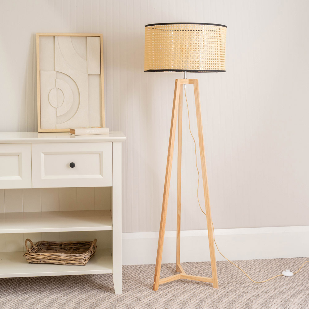 ValueLights Lottie Natural Cane Drum Shade Natural Wood Tripod LED Floor Lamp Image 3