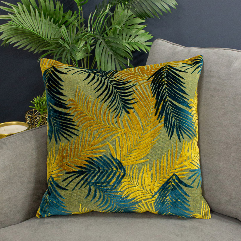 Paoletti Palm Grove Gold and Teal Velvet Jacquard Cushion Image 2