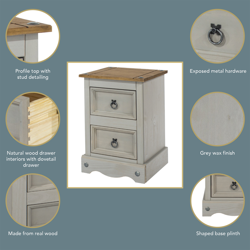 Corona 2 Drawer Grey Washed Wax Petite Bedside Table Image 6