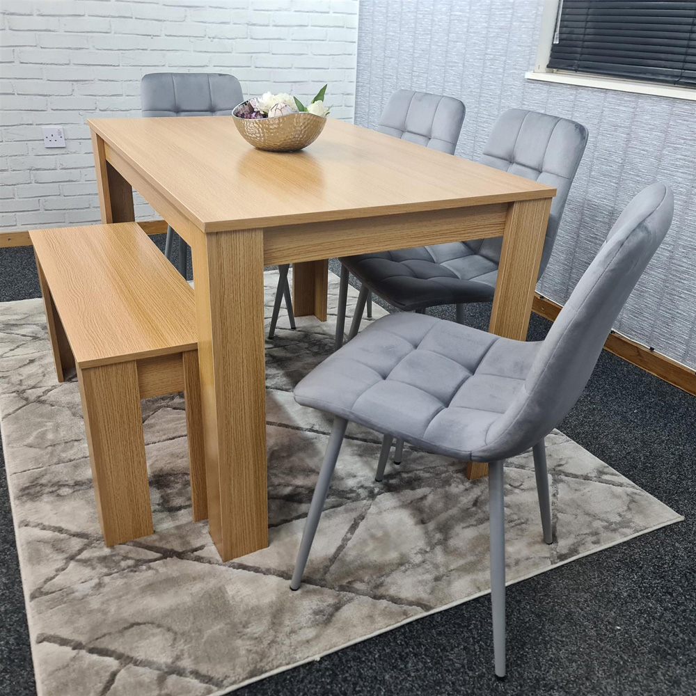 Portland 6 Seater Square Velvet Dining Table Set Oak Effect and Grey Image 7