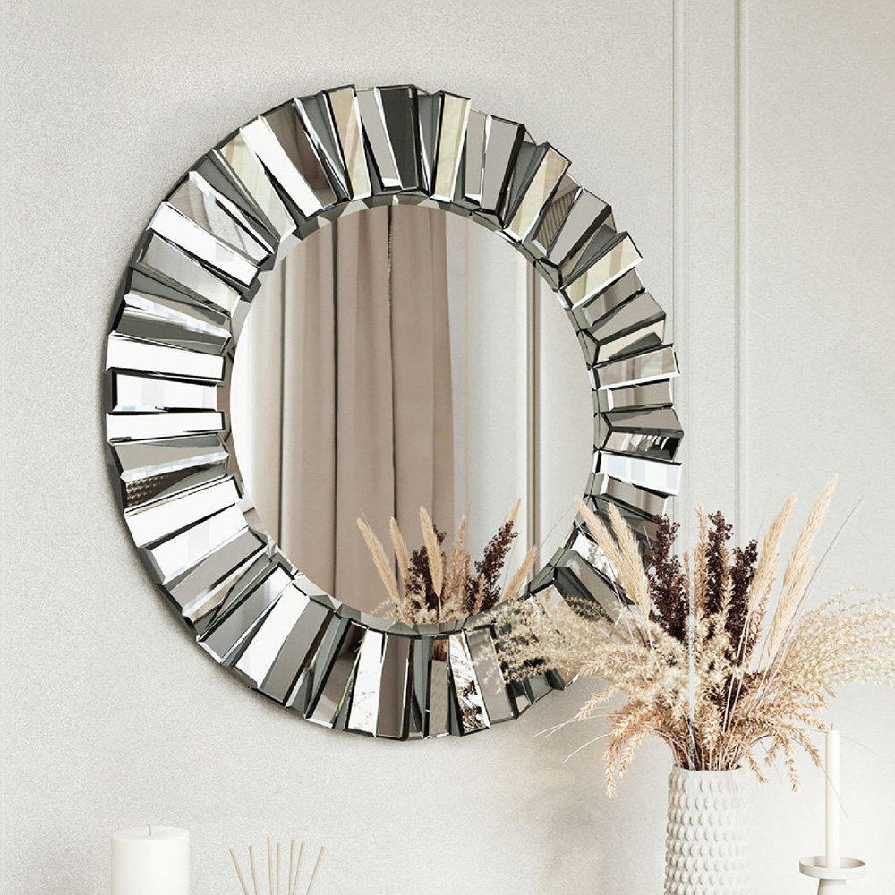 CARME Home Knightsbridge Grey and Silver 3D Round Wall Mirror Image 4