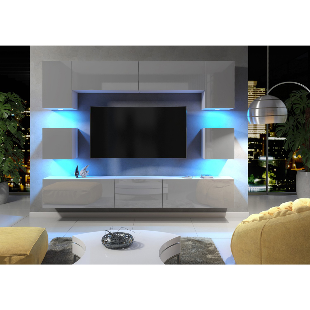 Creative Furniture Panorama White and Grey Gloss 9 Door Wall-Mounted TV Unit with LED Image 5