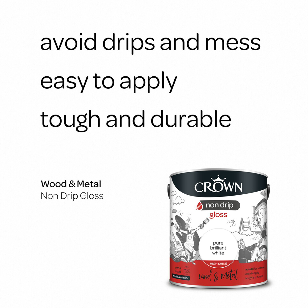 Crown Non Drip Gloss Wood and Metal Paint Pure Brilliant White 2.5L Image 4