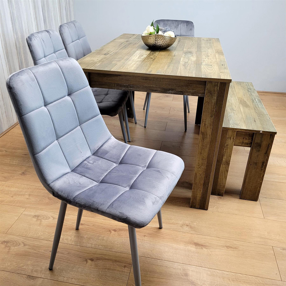 Portland 6 Seater Velvet Dining Bench Set Rustic Effect and Grey Image 2
