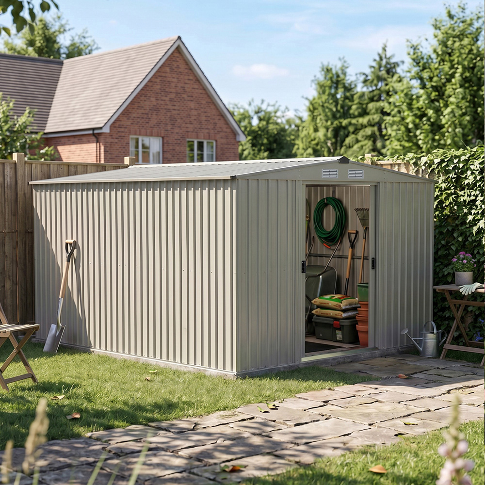 Living and Home 10 x 8ft Grey Metal Apex Garden Storage Shed with Foundation Image 7