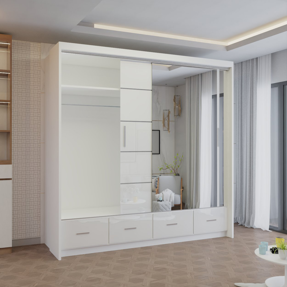 M N Furniture Seliyaa 2 Door 4 Drawer White High Gloss Sliding Door Wardrobe 203cm Image 3