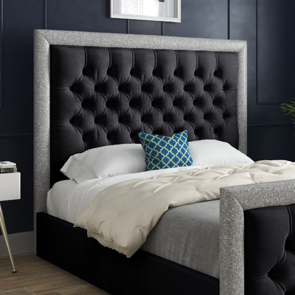 Venice Double Black Soft Velvet Upholstered Bed Frame with Glitter Border Headboard Image 3
