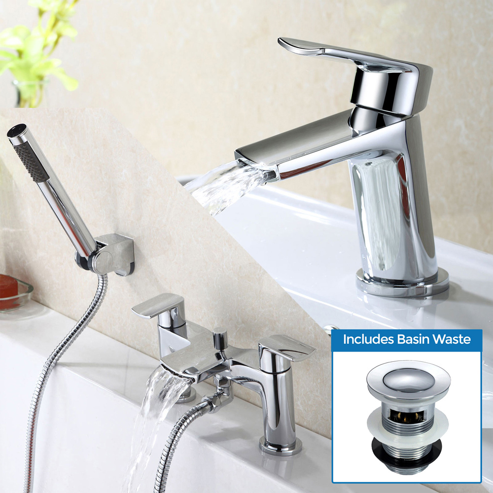 Nes Home Wilpa Chrome Basin Mixer and Bath Shower Mixer Tap with Waste Image 2