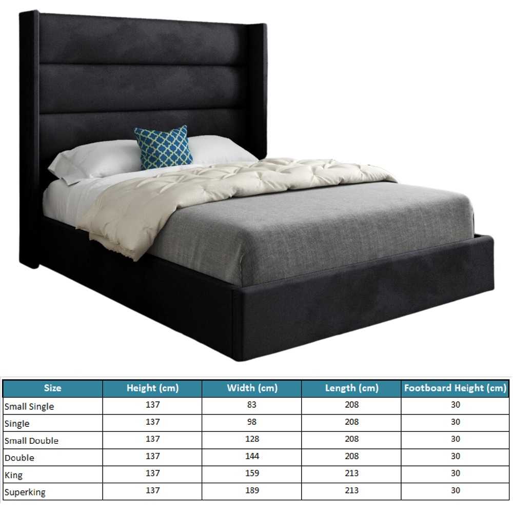 Nuno Black Super King Size Velvet Upholstered Bed Frame with Straight Winged Headboard Image 7