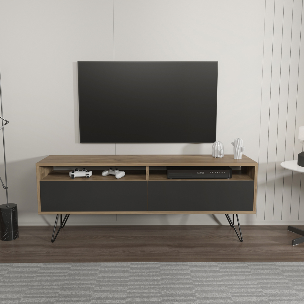 Decorotika Flay 2 Door 2 Shelf Walnut and Black TV Unit Image 2